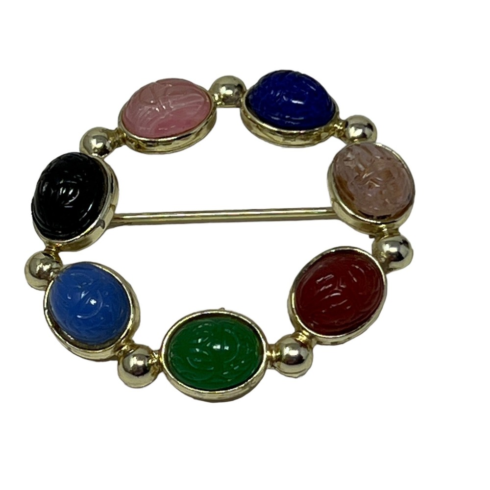 Vintage Brooch Faux Cabochon Scarab Stones Gold Tone‎ Pin